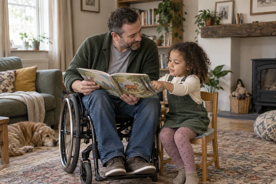 A father who uses a wheelchair and his young daughter look at a picture book together.
