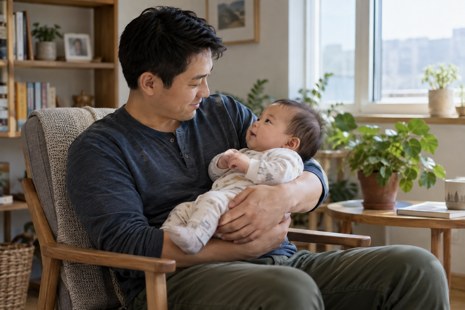 An awake father holds his awake baby.