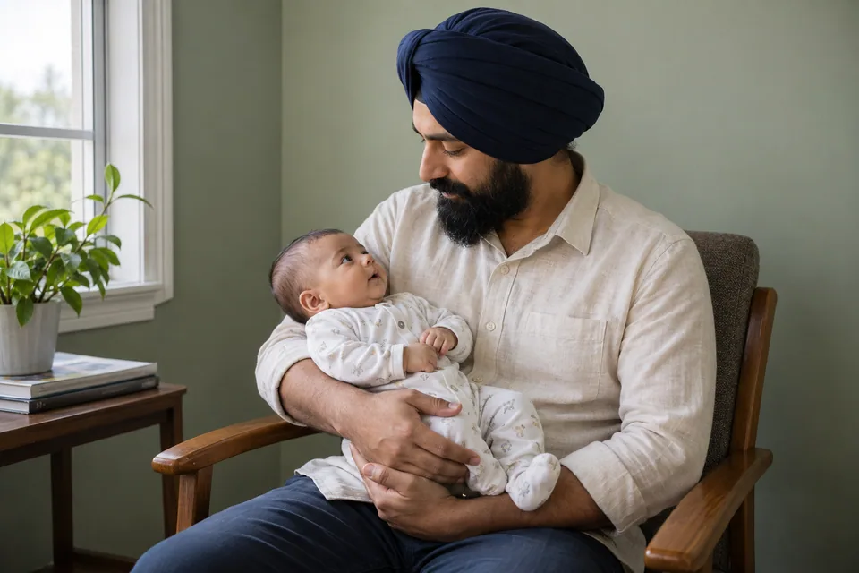 An awake father wearing a turban holds his awake baby and looks into the baby’s face.