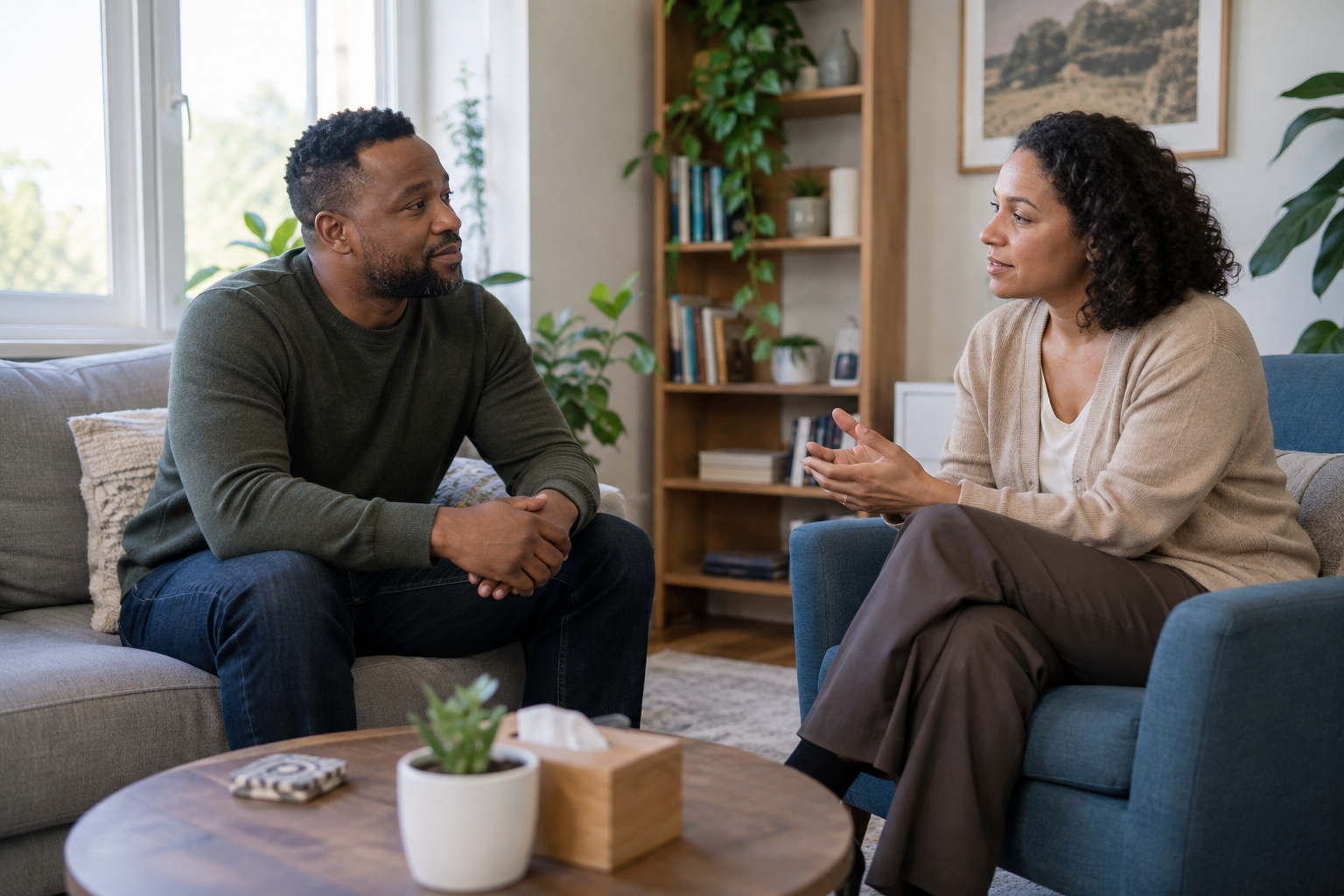 A man and a professional sit at the same level in conversation.