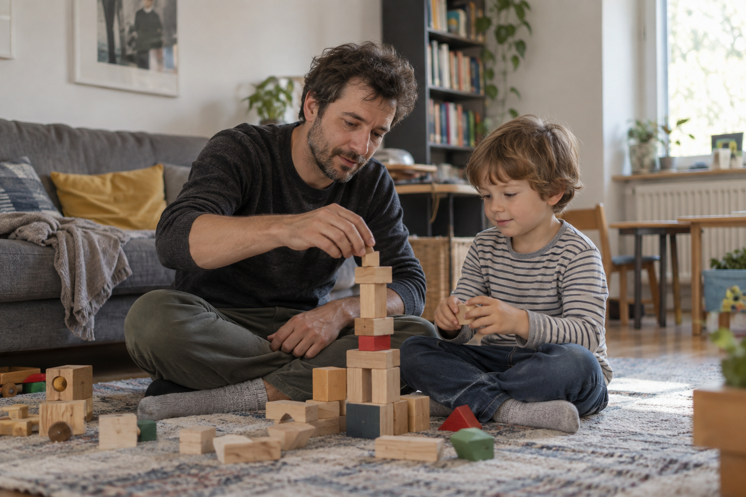 A father and his young child build a wooden-block tower together.