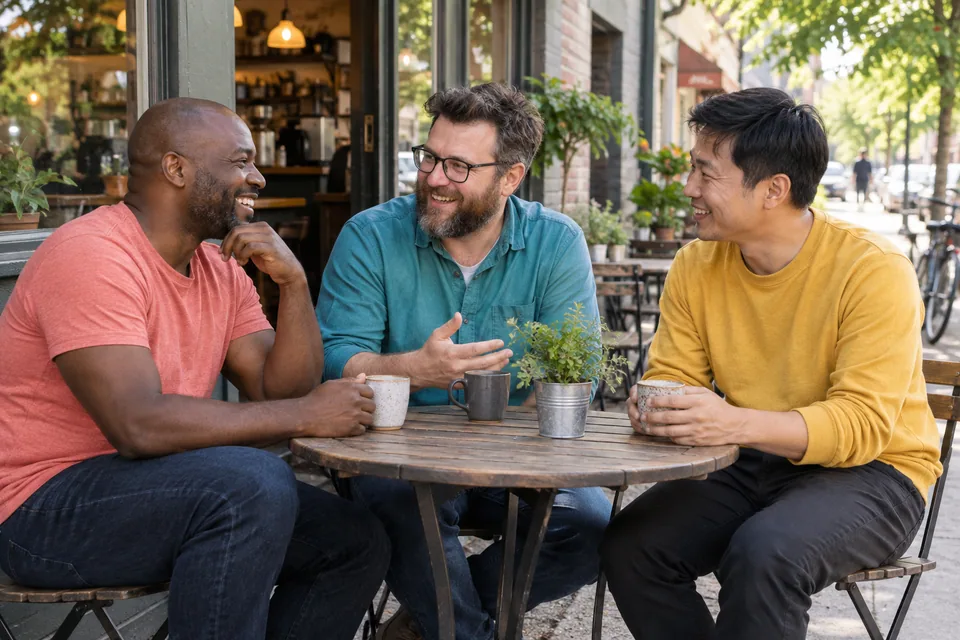 Drei Männer in Korallrot, Petrol und Gelb sprechen und lachen bei Getränken in einem Café.