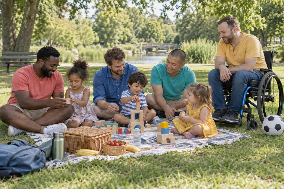 Four fathers, including a wheelchair user, and three young children share a picnic in a park.