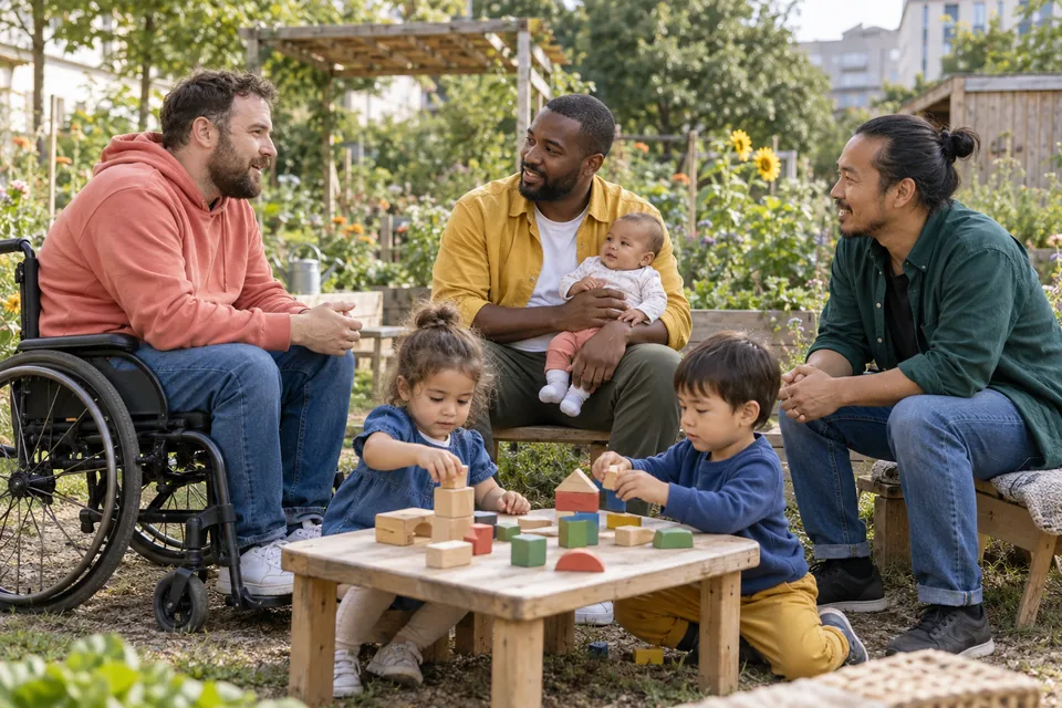 Three fathers of different backgrounds talk in a garden while two preschoolers play and one father holds an awake baby.