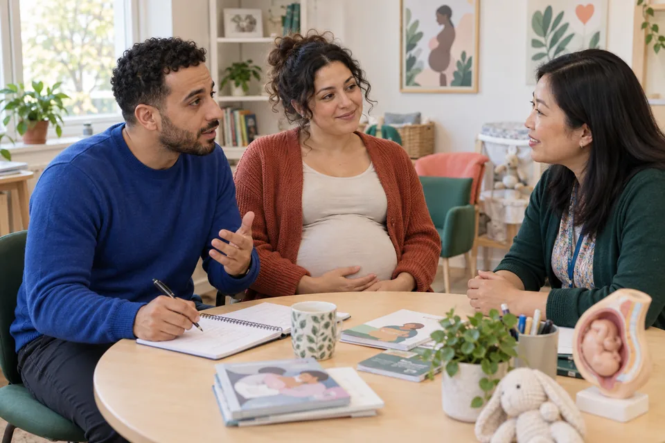 An expectant father asks a question during a relaxed conversation with his pregnant partner and a facilitator.