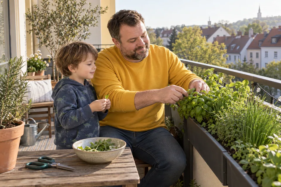 Ein Vater in gelbem Sweatshirt und ein kleines Kind pflegen Kräuter auf einem sonnigen Balkon.