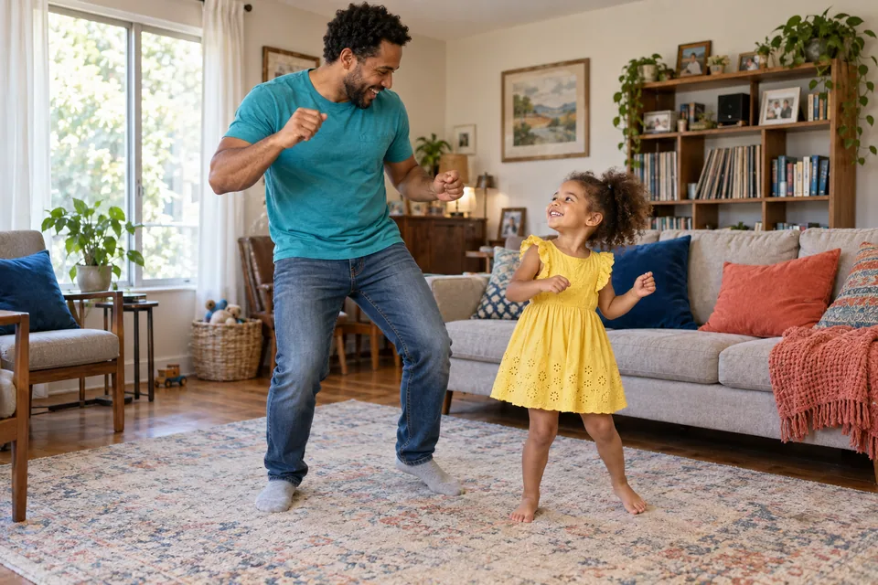 A father in teal and his young daughter in yellow dance together in their living room.