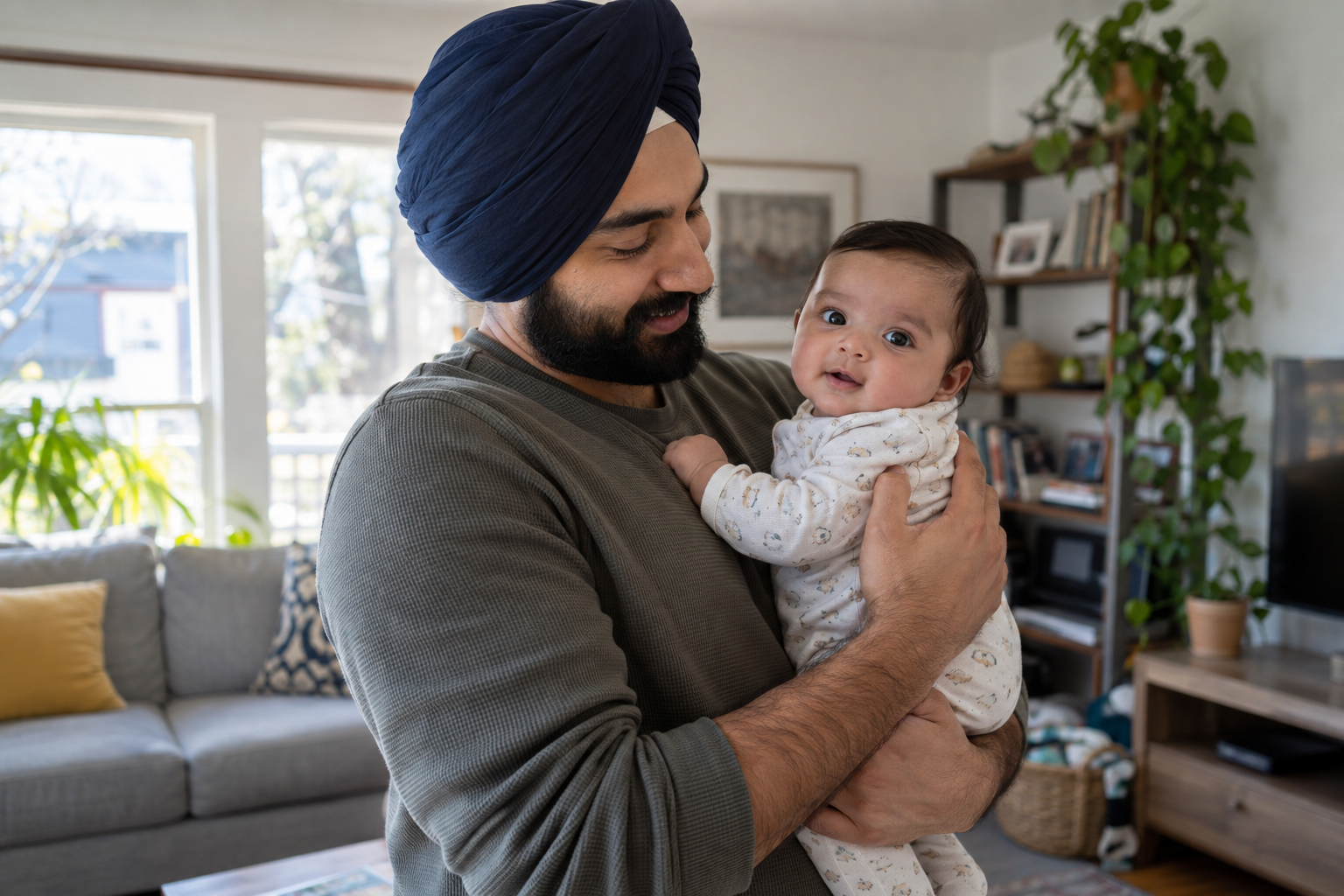 An awake father holds his awake baby close in daylight.