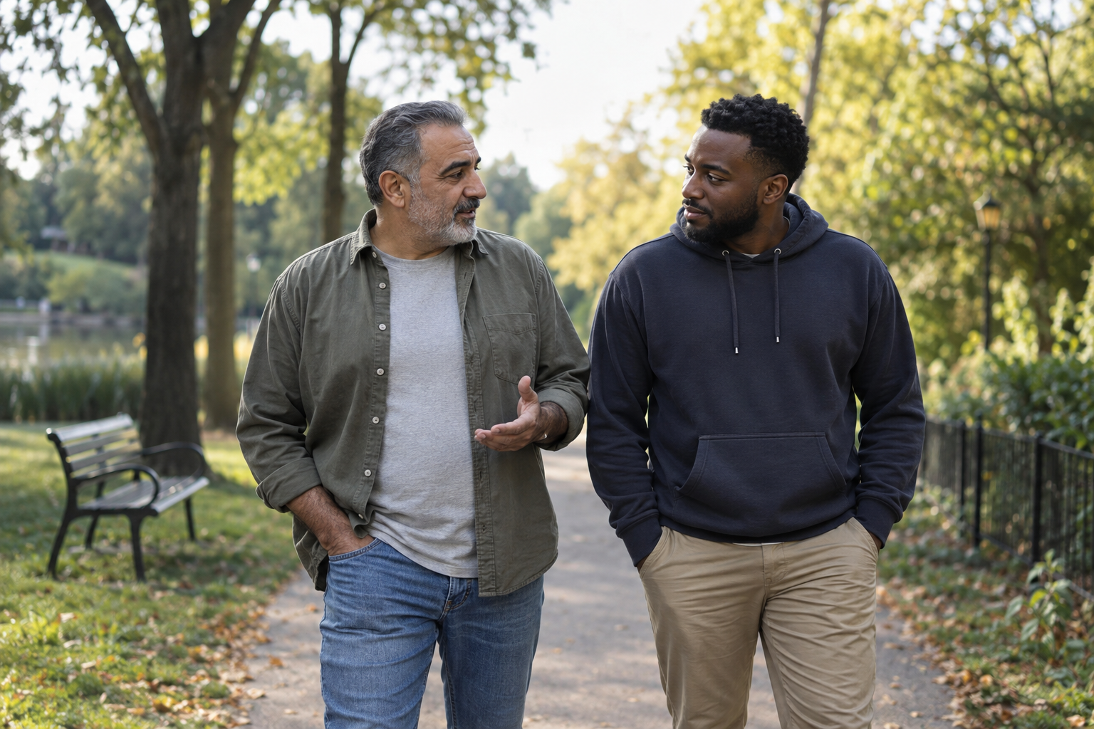 Two men walk together in a park while talking.