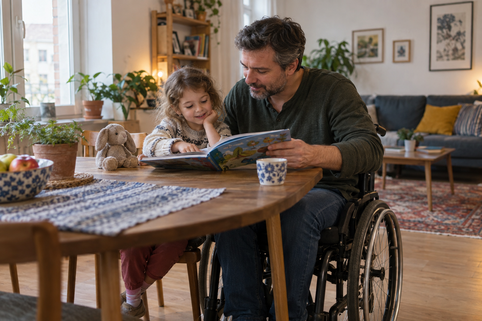 A father using a wheelchair reads a picture book with his child.