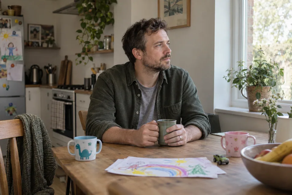 A father sits with a mug and looks thoughtfully towards a kitchen window.