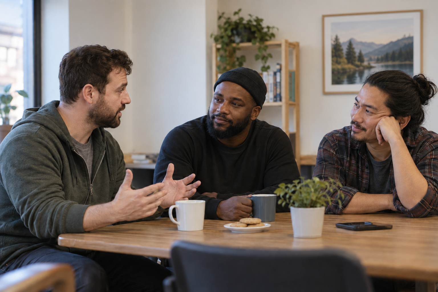 Three men sit together and listen to one another.