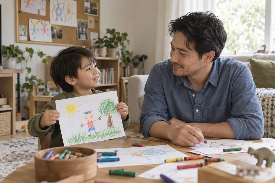 A young boy shows his drawing to his father, who listens at his level.