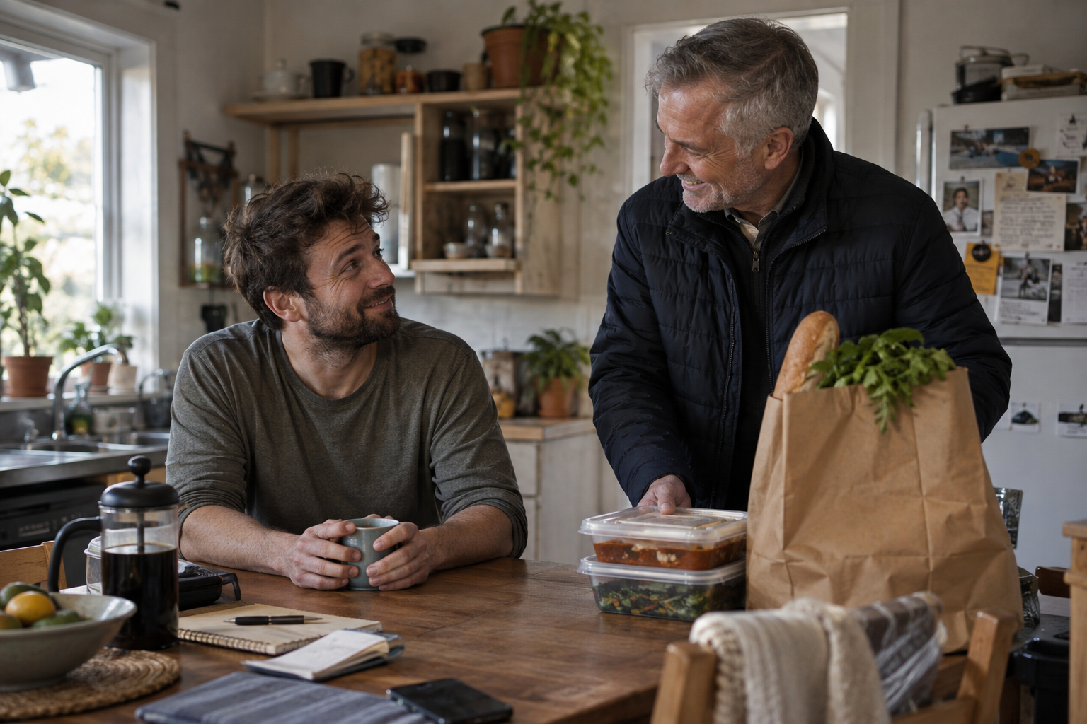 A friend brings groceries and prepared food to a father at his kitchen table.