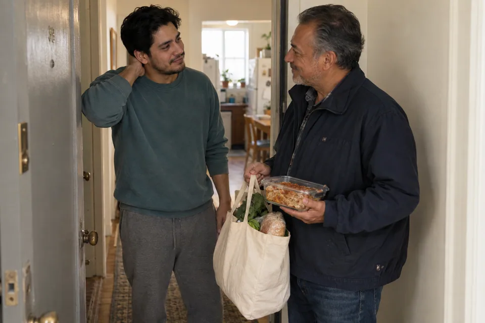 An older friend brings groceries and a prepared meal to a father at his front door.