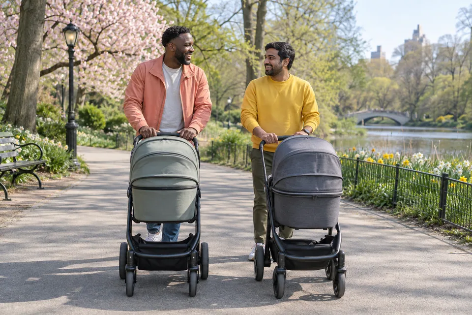 Two fathers in coral and yellow walk together while pushing prams along a park path.