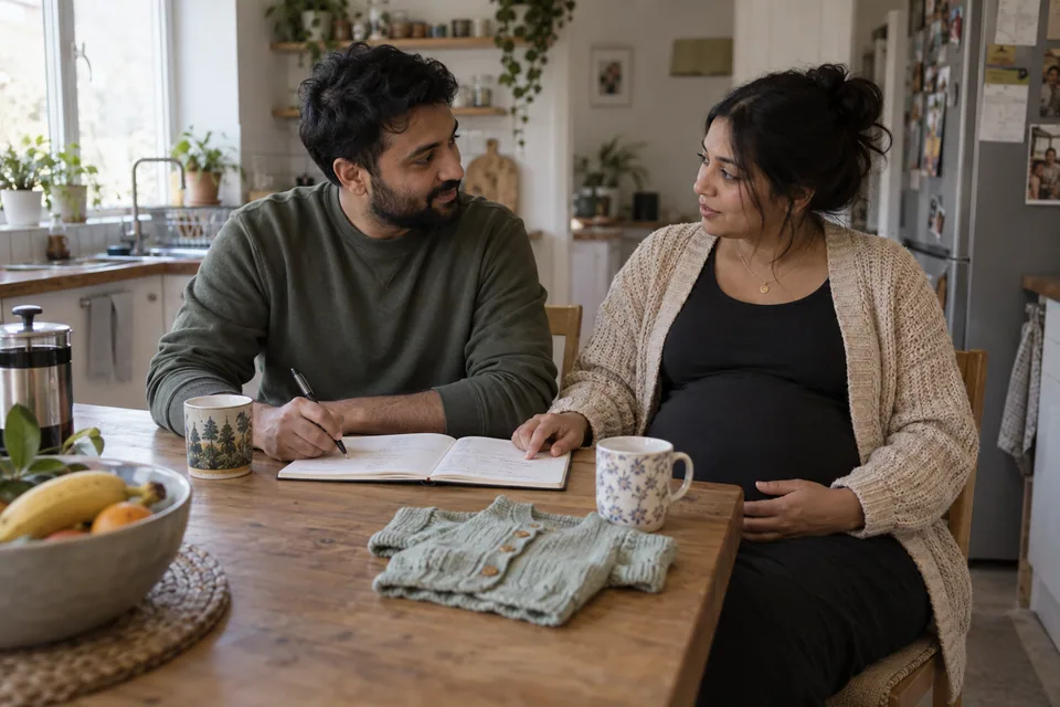 Expectant parents talk and make notes at their kitchen table.