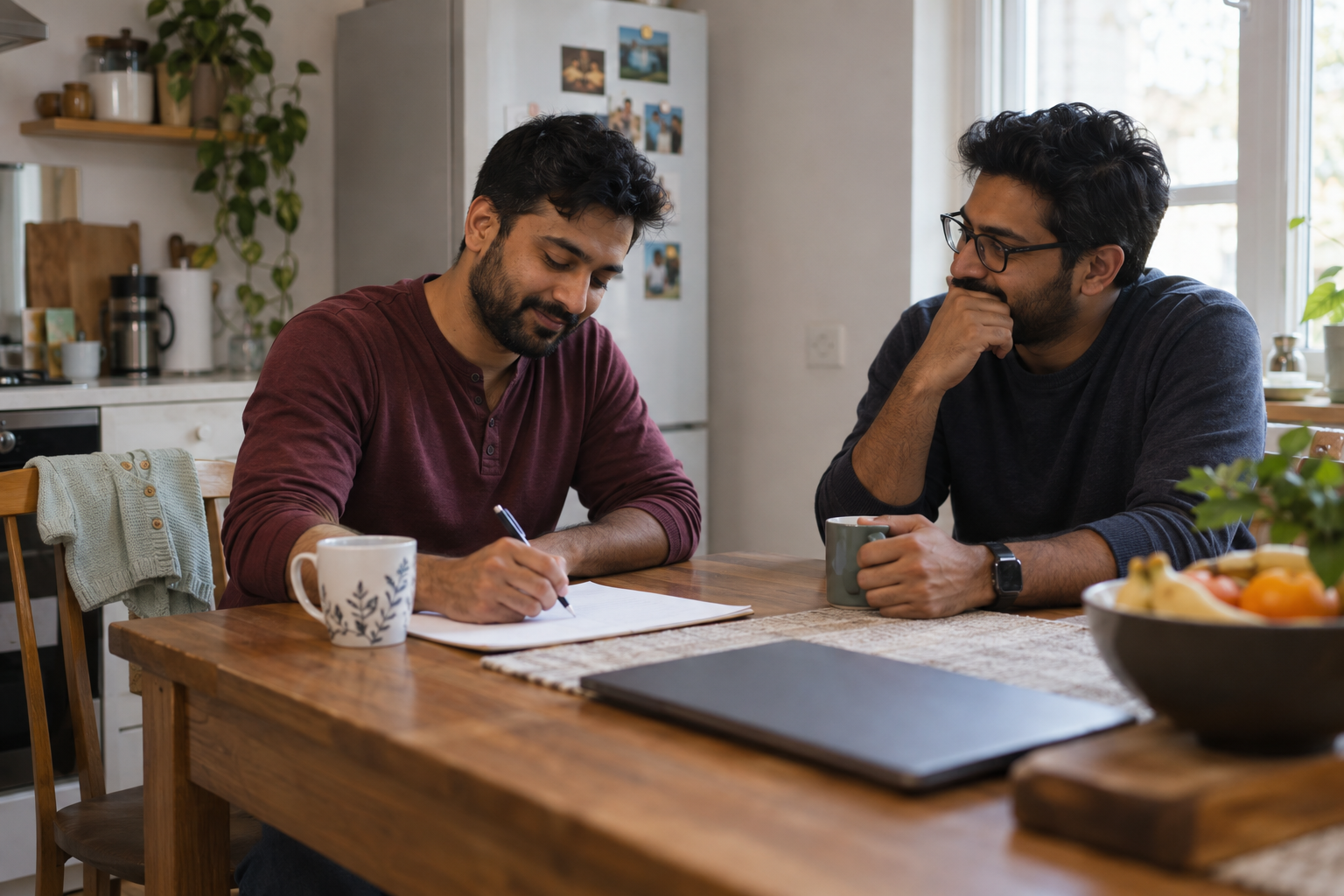 One man writes while another listens across a kitchen table.