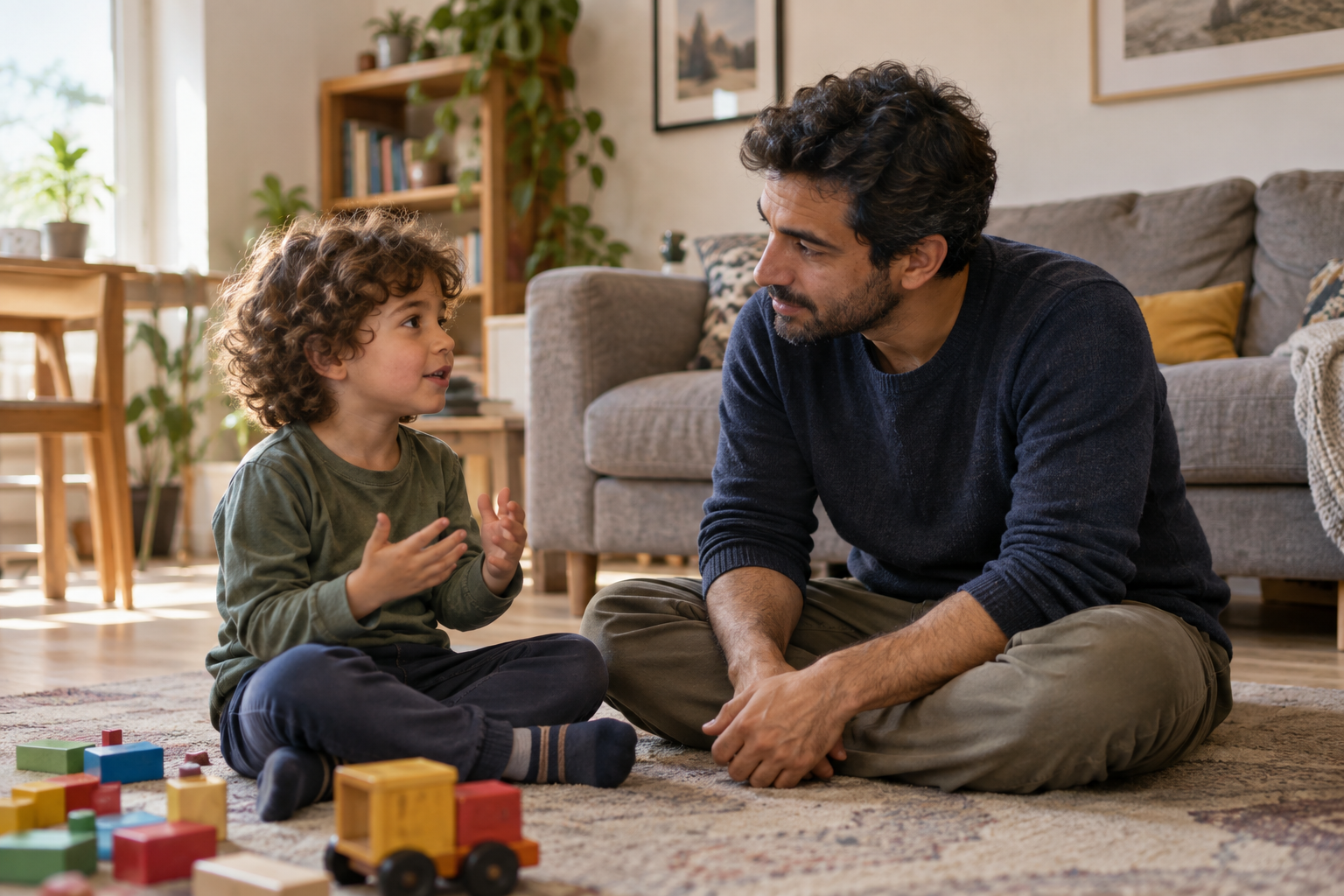 A father sits at his child’s level and listens.