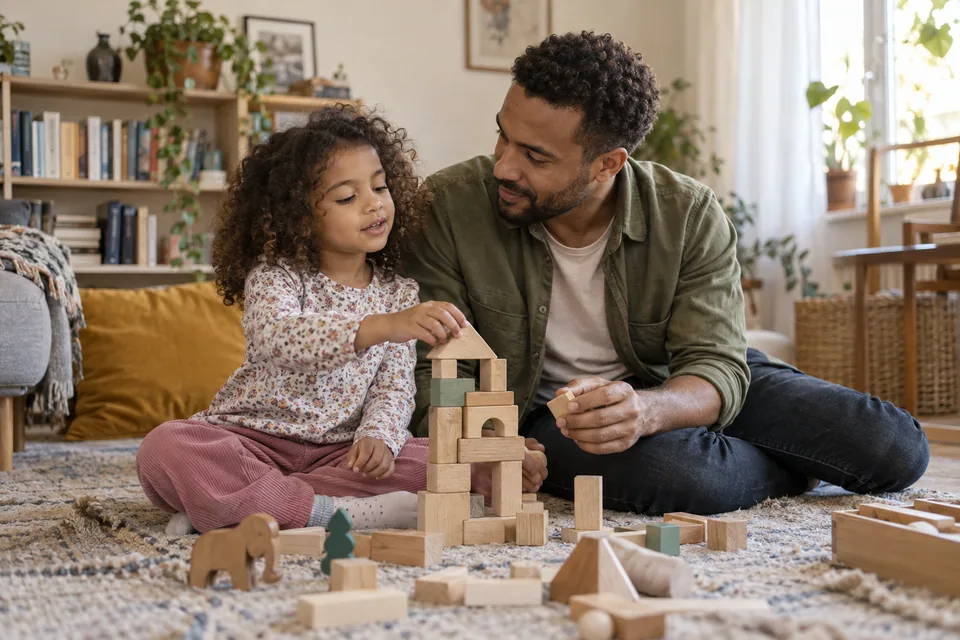 A father and his young daughter build a wooden-block house together.